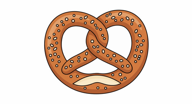 A cartoon-style illustration of a brown pretzel with white salt crystals scattered across its surface