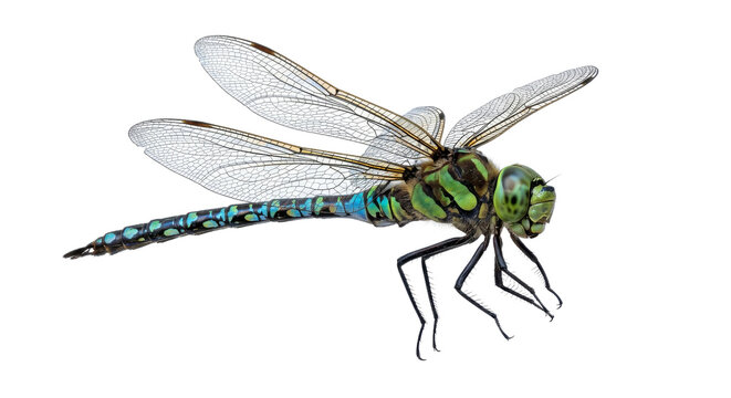 Detailed macro shot of a vibrant green and blue dragonfly with intricate wings