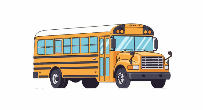 A bright yellow school bus with blue windows and black trim, depicted front-facing on a white background