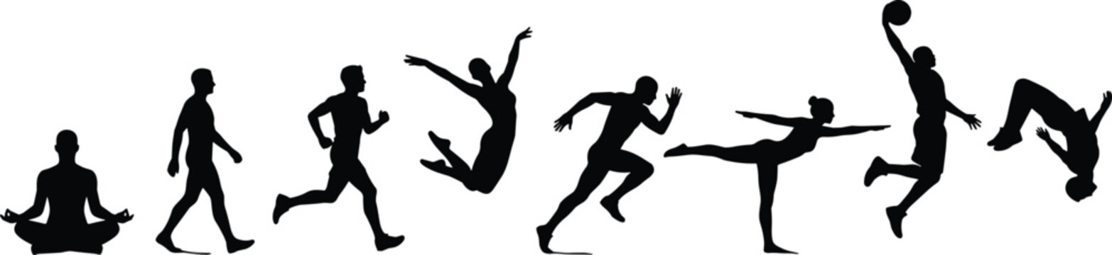 Human Activity and Motion Silhouette Collection Featuring Meditation Running Jumping Sports and Dance