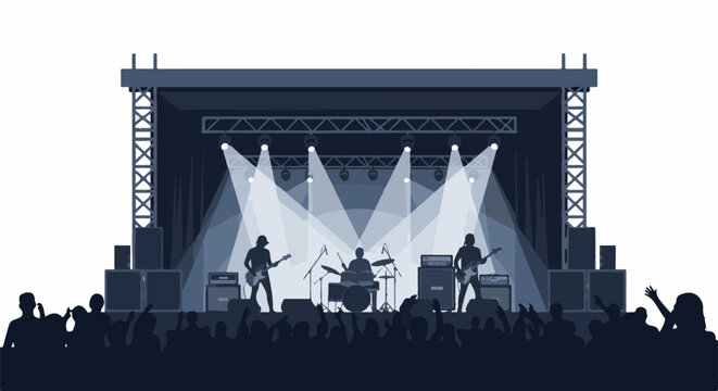 A band performs on a stage with dramatic lighting while a crowd cheers them on in silhouette