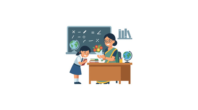 Happy student giving flowers to teacher in classroom, education concept