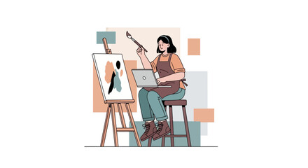 Fototapeta premium Artist paints on easel, using laptop for inspiration, modern flat illustration style