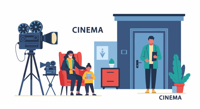 A cinematic scene with a vintage camera, a parent and child, and a staff member by a door