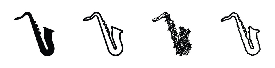 Collection of four saxophone icons in different artistic styles on white background © 7Author