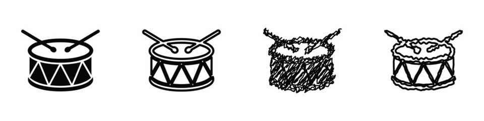 Collection of four drum icons with drumsticks, varying in style and detail © 7Author
