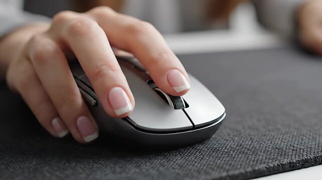 Hand using computer mouse on desk.