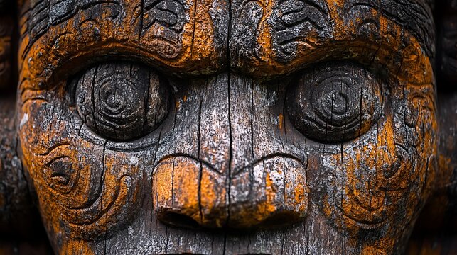 Ancient Indigenous Totem Pole Wood Mask Carving.