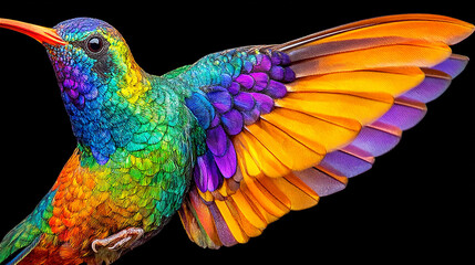 Obraz premium Close up of iridescent hummingbird flying isolated on black with hummingbird wildlife colorful