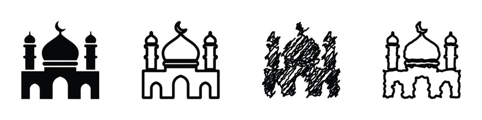 Collection of mosque icons in various styles, representing Islamic architecture © 7Author