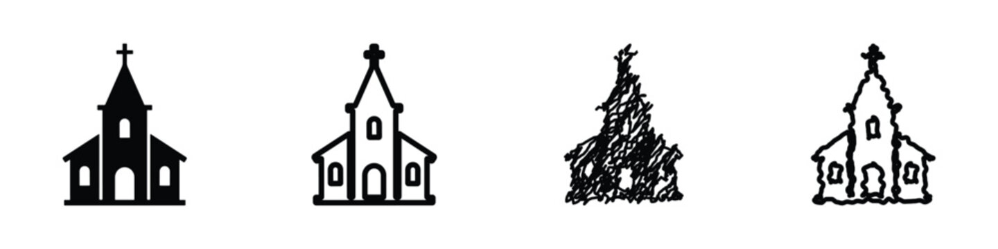 Collection of church building icons in various artistic styles