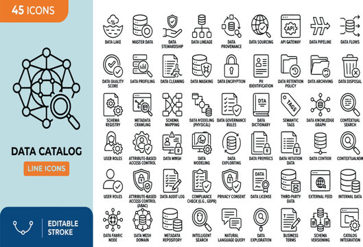 Set of data catalog and management line icons Vector