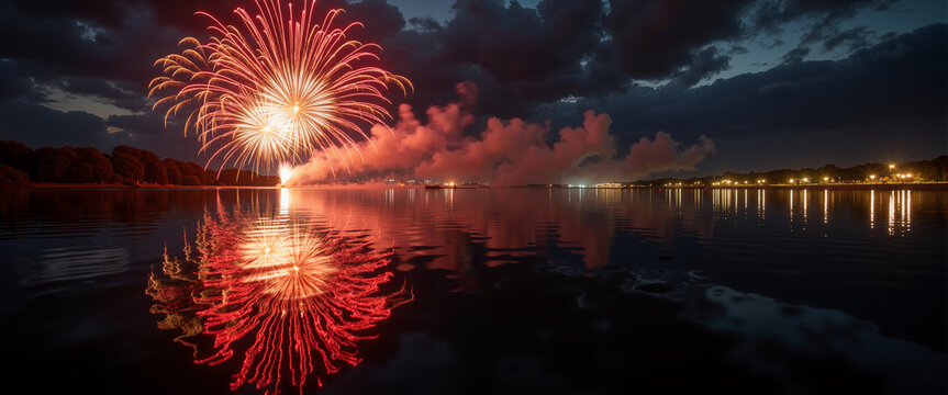 Water reflection only of fireworks with no sky showing, creative abstract photo for background design, National Fireworks Day visual