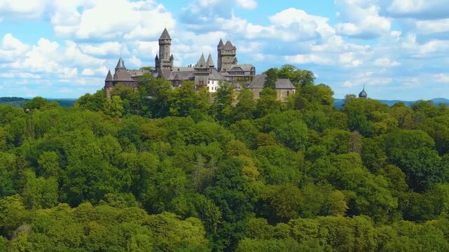 Aerial view of the old town and castle beside the city Braunfels in Germany, hesse on a sunny sping day.