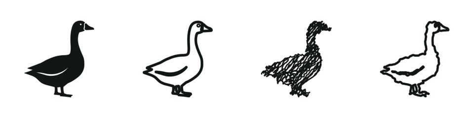 Collection of four stylized goose icons in black and white, showing different artistic interpretations © 7Author