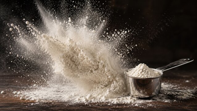 A dramatic motion freeze of baking flour exploding and splashing into the air next to a full measuring scoop on a dark wooden surface for cooking concept.