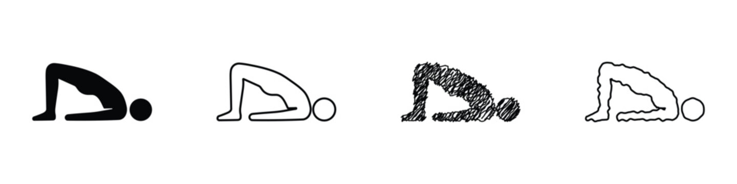 Yoga pose icon set showing bridge pose in various artistic styles