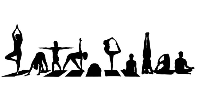 Black silhouettes of people doing yoga poses isolated on transparent background, Vector