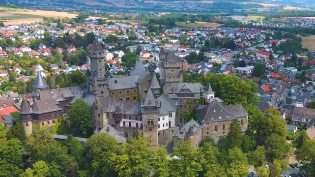 Aerial view of the old town and castle beside the city Braunfels in Germany, hesse on a sunny sping day.