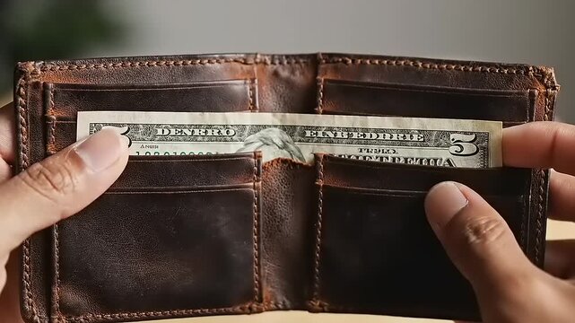 Hands holding brown leather wallet with cash.