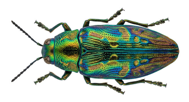 Detailed iridescent jewel beetle with metallic green and blue exoskeleton and intricate patterns