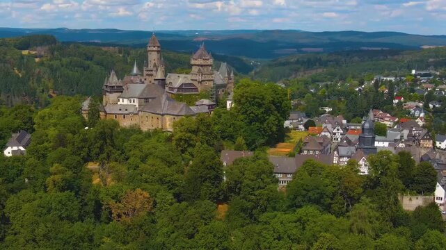 Aerial view of the old town and castle beside the city Braunfels in Germany, hesse on a sunny sping day.