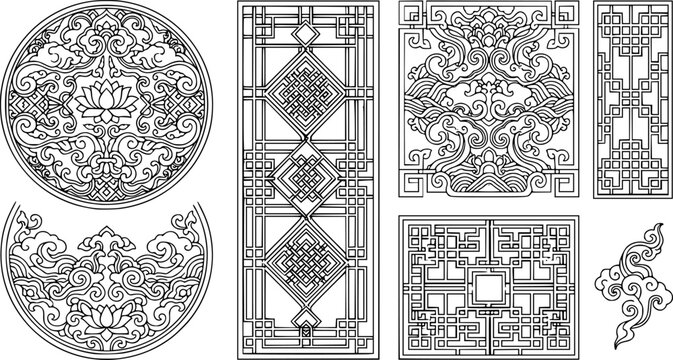 Traditional korean window pattern. Circle ornament, rectangular geometric cutter decor and asian graphic design element vector set
