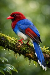 Fototapeta premium Vibrant AI-generated tropical bird perched on a mossy branch in the rain.