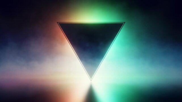 Inverted neon triangle with smoke over changing rgb glow