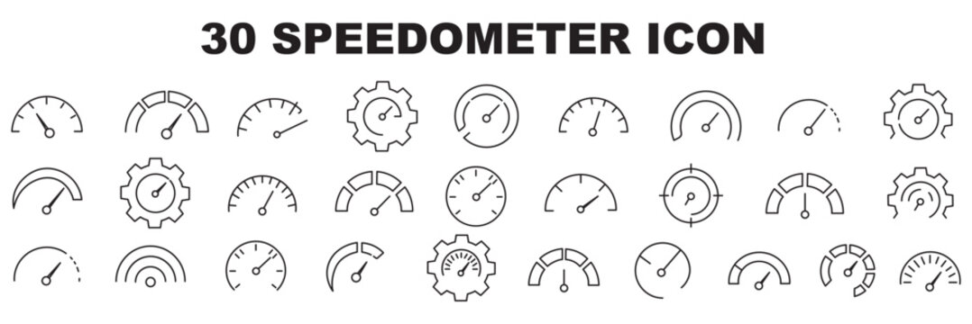 Speedometer Icon Set, speed indicator gauge dashboard tachometer scale, speedometer with arrow, editable stroke line vector illustration for vehicle, app, and dashboard design.