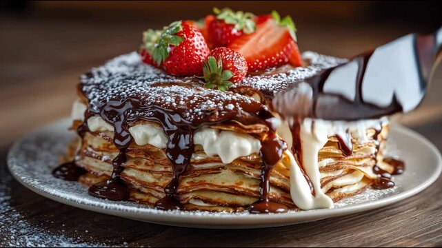 Pastry chef slicing a layered crepe cake with cream, chocolate, strawberries, and powdered sugar
