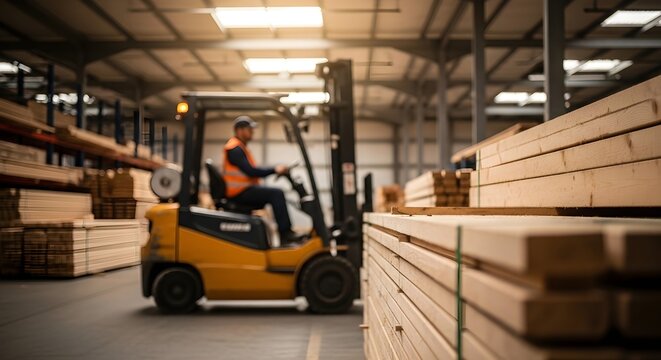 Forklift Operator Moving Wooden Planks in a Spacious Industrial Warehouse Lumber Storage Facility