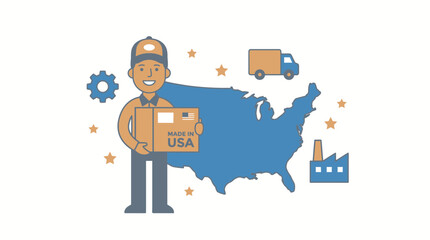 Naklejka premium Man Holding USA Made Package with Delivery Truck and Map