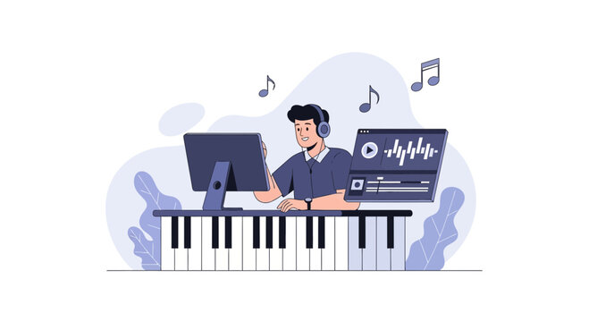 Man Composing Music with Synthesizer, Computer, and Headphones - Digital Audio Workstation Concept