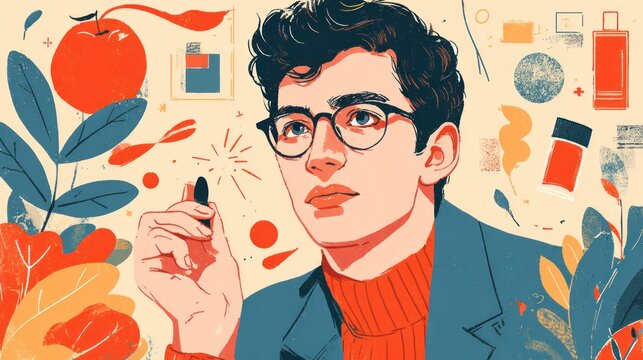 Thoughtful young man wearing glasses holding a writing implement amidst abstract botanical and graphic elements
