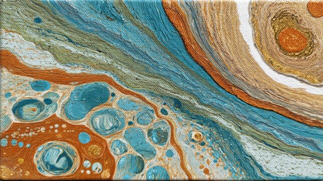 Abstract composition displays flowing lines and cell formations in earthy and aquatic tones across a textured surface.
