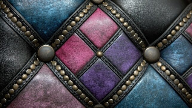 Upholstered surface features diamond patterns delineated by antique brass upholstery tacks and decorative nail heads.