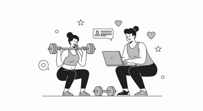 Fitness Trainer Coaching Woman Doing Squats with Barbell, Using Laptop for Online Session