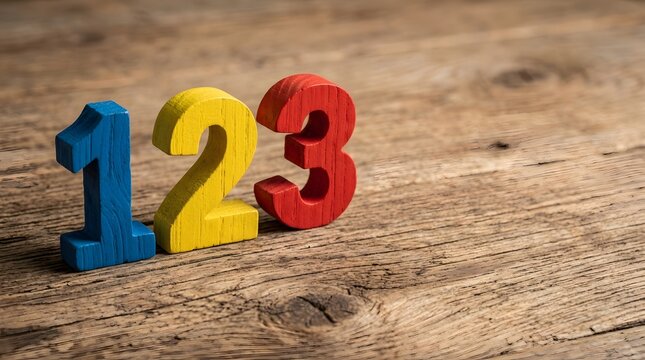 Colorful wooden numbers one two three on rustic wood background close-up