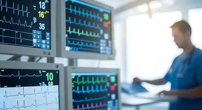 Doctor analyzing patient vital signs on hospital monitors