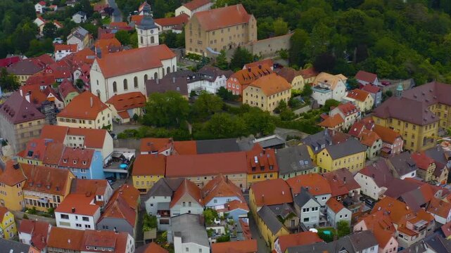 Aerial view of the old town of the city Arnstein in Germany, Bavaria on a late spring afternoon