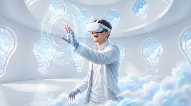 Man wearing virtual reality goggles interacting with glowing blue lightbulbs in a futuristic cloudy white room with a surreal dreamlike atmosphere and innovative technology concept
