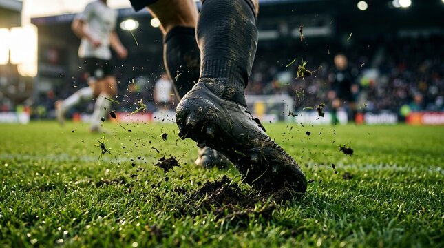 Close-up action of a soccer player's boot kicking up mud and grass on a stadium pitch during a competitive football match