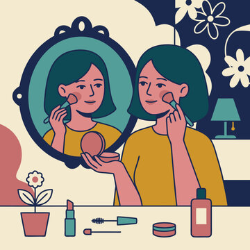 Woman applying blush with makeup brush looking in mirror beauty routine