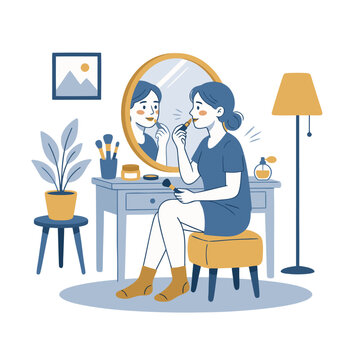 Young woman applying lipstick while sitting at vanity table makeup routine