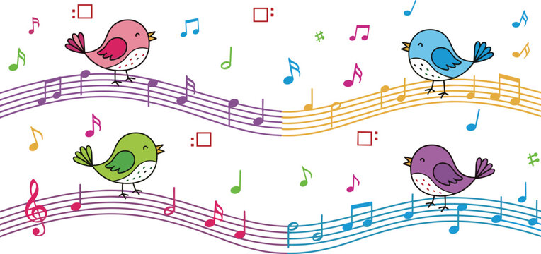 WebCute cartoon birds singing on musical staff lines with colorful melody notes wavy sheet music stave spring melody concept isolated vector illustration