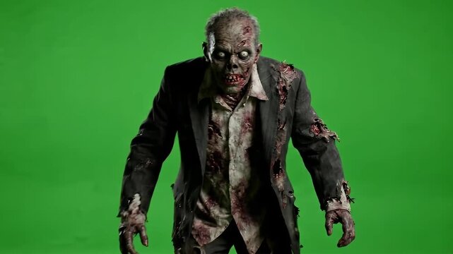Terrifying Zombie Slowly Walking Toward Camera on Green Screen Background