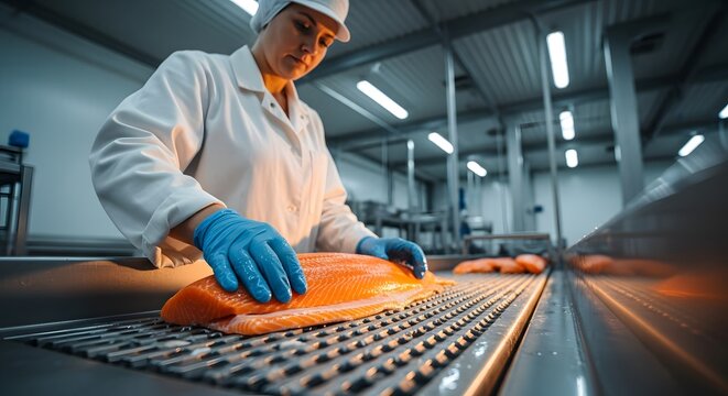 Worker processing fresh salmon fillets on a conveyor belt in a food production facility.
