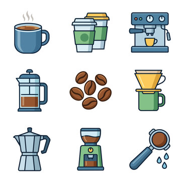 Coffee making equipment and beverages collection flat icons.