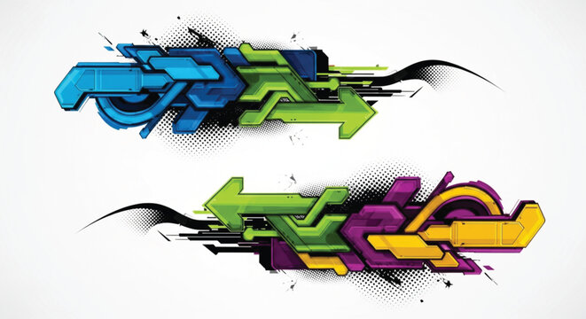 Modern textured graffiti vector collection with stylized 3D arrow clusters and high contrast halftone dot overlays
